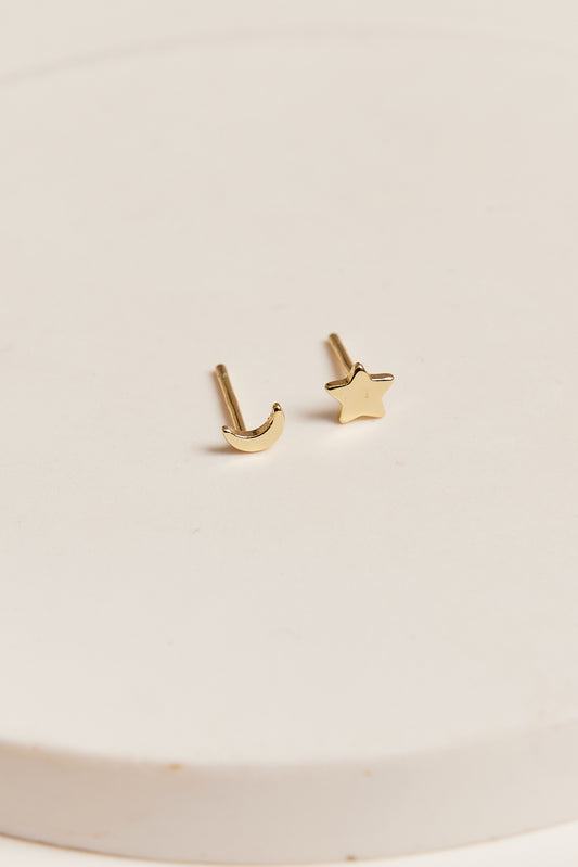 Moon and Star Stud Earrings Gold