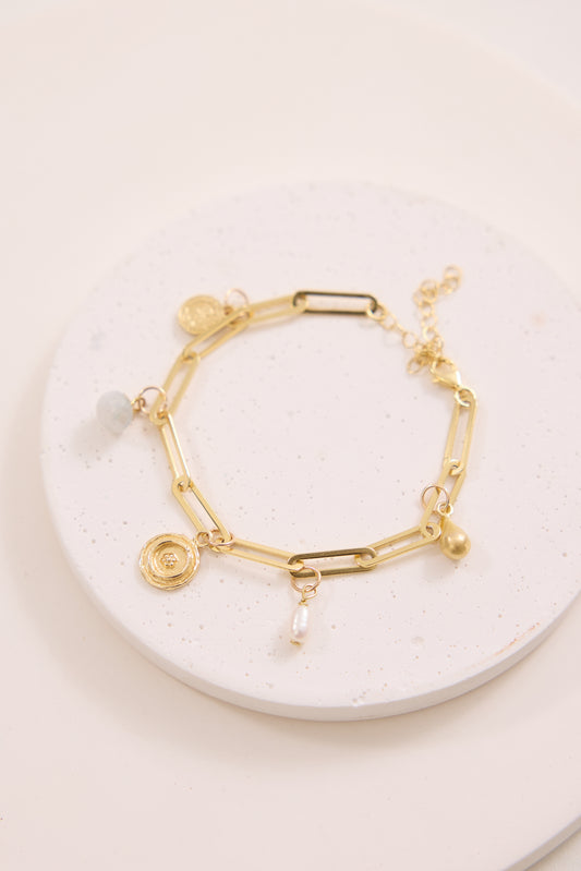Taya Charm Bracelet - Gold/Moonstone/Fresh Water Pearl