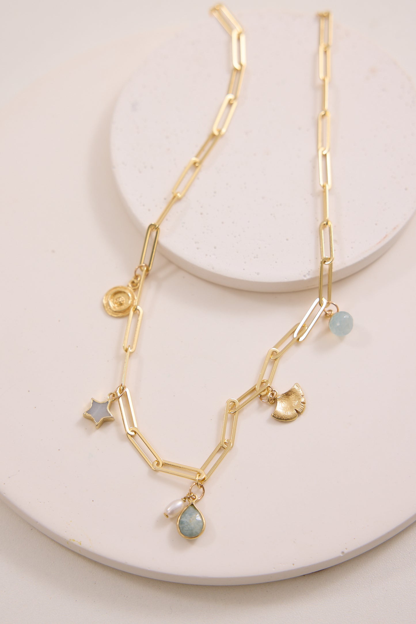 Mila Charm Necklace - Rose Quartz, Aqua + Moonstone with 3 Customisable Charms