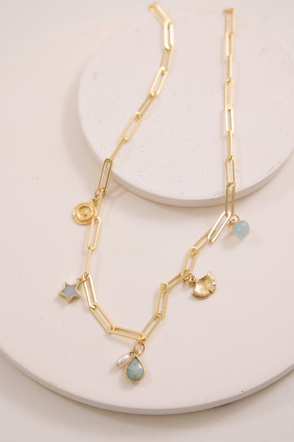 Mila Charm Necklace - Rose Quartz, Aqua + Moonstone with 3 Customisable Charms