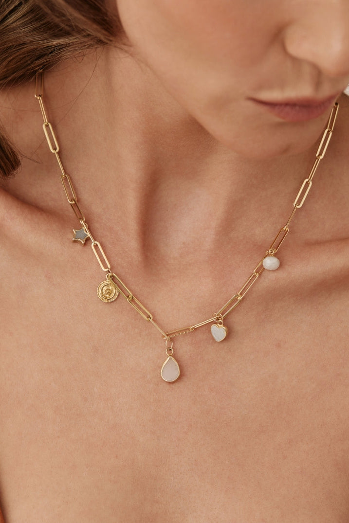 Mila Charm Necklace - Rose Quartz, Aqua + Moonstone with 3 Customisable Charms