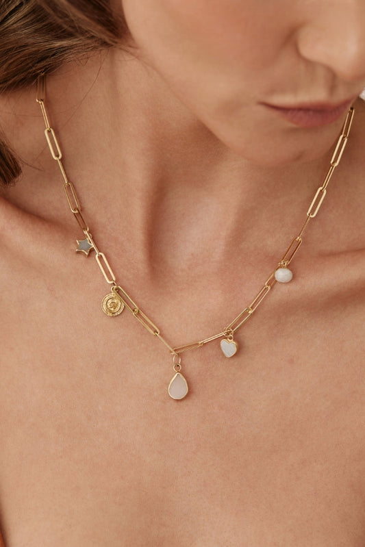 Mila Charm Necklace - Rose Quartz, Aqua + Moonstone with 3 Customisable Charms