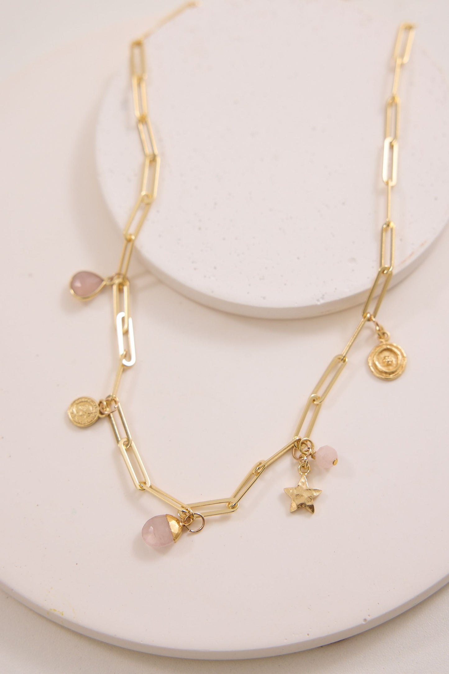 Mila Charm Necklace - Rose Quartz, Aqua + Moonstone with 3 Customisable Charms