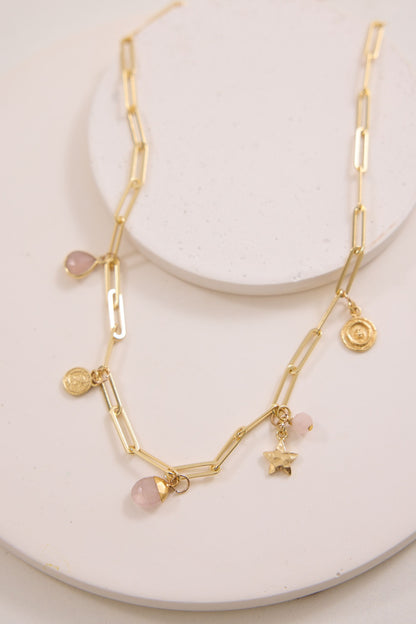 Mila Charm Necklace - Rose Quartz, Aqua + Moonstone with 3 Customisable Charms